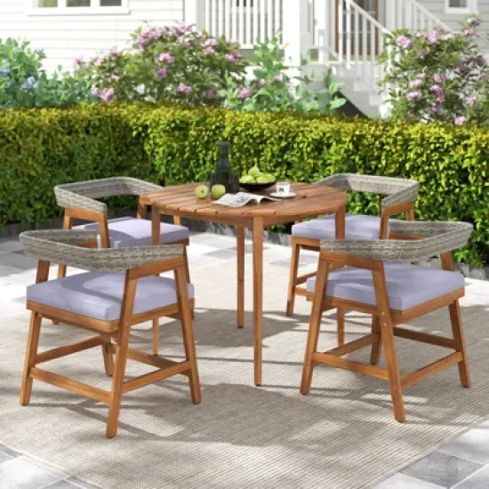 Costway 5 Piece Patio Dining Set Outdoor Solid Wood Furniture with Rattan Backrest image {4}