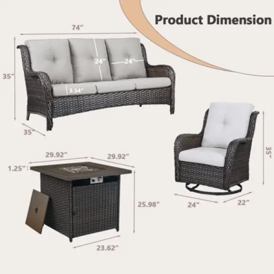 4PCS Patio Furniture Set with Fire Pit Table, Weather-Resistant Wicker Patio Fire Pit Set with Sofa, Swivel Patio Chair and 50000BTU Propane Fire Pit image {12}