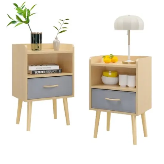 PAGED Night Stand Set 2 Modern Storage End Table Wooden Nightstand with Drawer and 2 Open Shelves for Bedroom image {3}