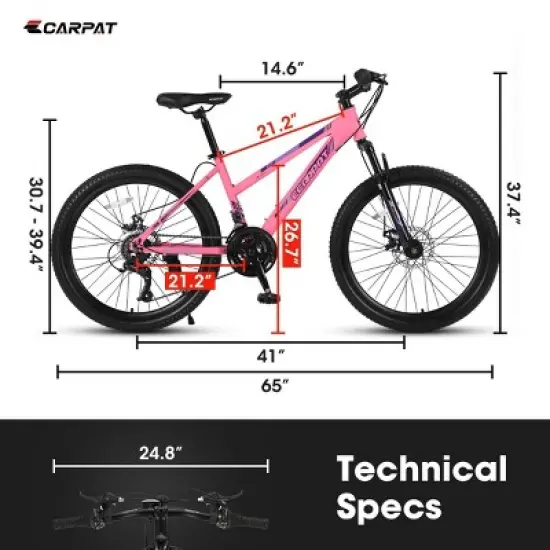 INFURNIC Bicycles 26 Inch Mountain Bike with Shimano 21 Speeds Dual Disc Brakes and Front Suspension, Pink, 65"*24.8"*37.4" image {2}