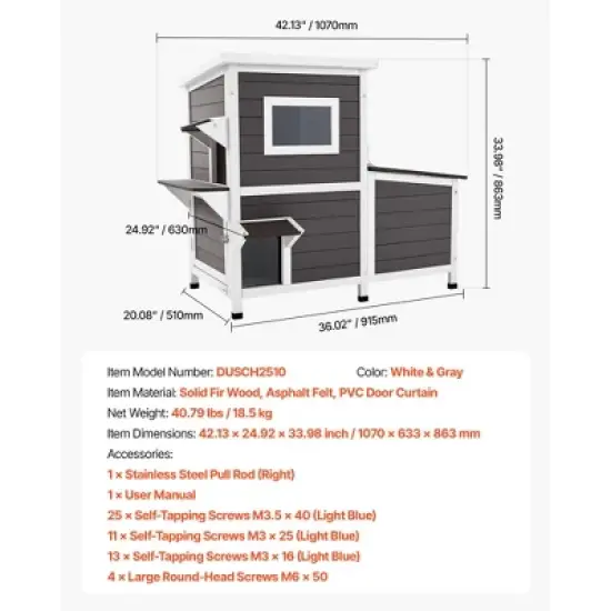 VEVOR Outdoor Cat House, 2-Story Wooden Cat Shelter for 3 Outside Cats in Winter, Elevated Feral Kitty Shelter with Stairs, White&Grey image {7}