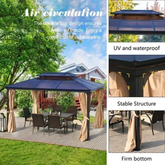 Aoodor 10'x 13 in Gazebo Polycarbonate Hardtop Roof, Aluminum Frame with Mosquito and Curtain, Blue image {4}