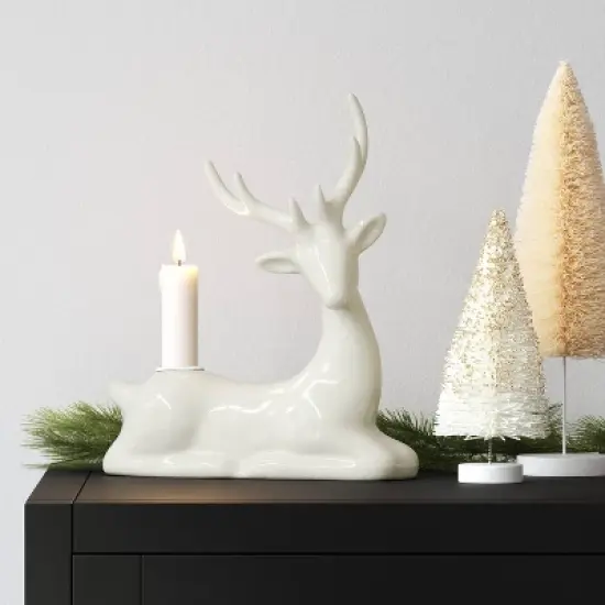 8.25" Taper Crackled Ceramic Deer Christmas Candle Holder White - Wondershop&trade; image {1}