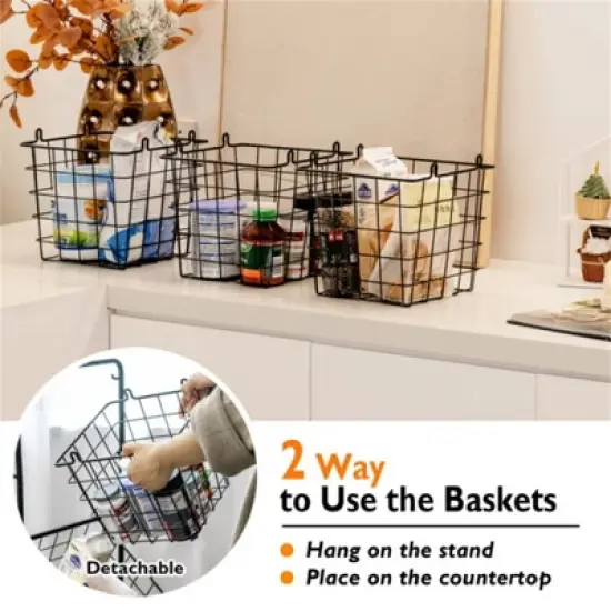 FURNIinspire Kitchen Racks 3 Tier Fruit Basket Stand, Steel Food Storage Rack Removable Wire Bowls with Non-Slip Pads, Black, 11"*12"*42.5" image {4}