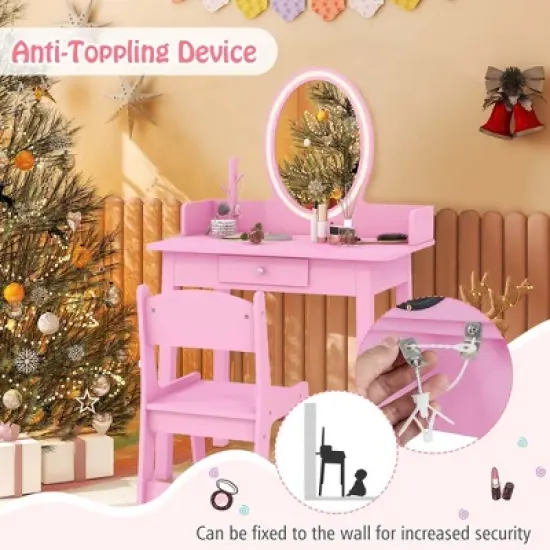 Costway Kids Vanity Set with Lighted Mirror Chair 2-Color LED Lighting for Girls Makeup White/Pink image {9}