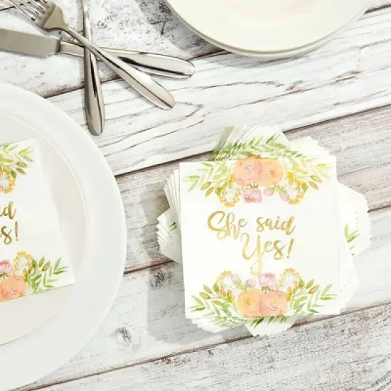 Sparkle and Bash 50 Pack Gold Foil She Said Yes Napkins for Engagement Party Supplies, Bridal Shower Decorations, 3-Ply, White, 5 x 5 In image {2}