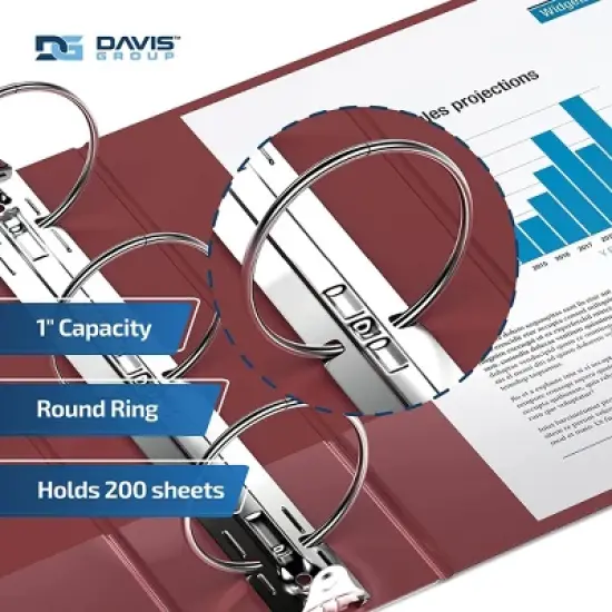 Davis Group 6pk 1" Premium Economy Round Ring Binders Burgundy: Hard Cover, 200 Sheet Capacity, 2 Pockets, Polypropylene image {2}
