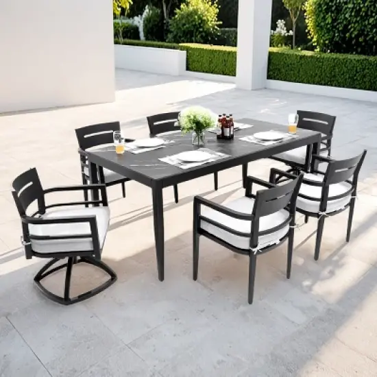 7-Piece Outdoor Dining Set, Swivel Rockers and Stationary Chairs and Sintered Stone Top Table, Aluminum Chairs with Foam Cushions-Coolbibila image {7}