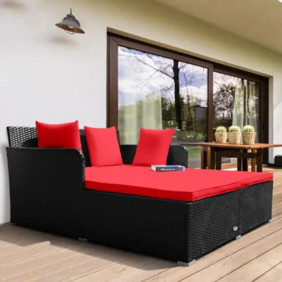 Tangkula Patio Rattan Daybed with 4 Pillows Cushioned Sofa for Outdoor image {4}