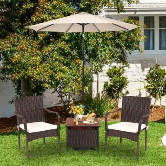 Tangkula 3 PCS Patio Furniture Set PE Wicker Bistro Set w/Acacia Wood Coffee Table & Umbrella Hole for Backyard Garden Poolside image {3}
