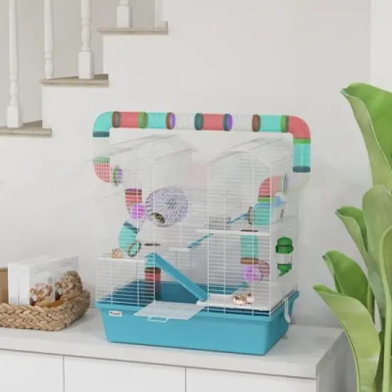 PawHut Large Hamster Cage, 4 Tier Gebril Cage with Tubes, Exercise Wheel, Hut, Water Bottle, Food Dish, Ramps, 22.8" x 14.2" x 25.6", Light Blue image {1}