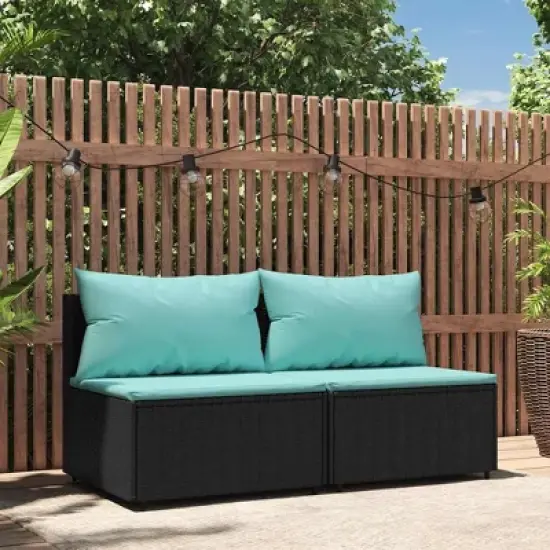 vidaXL Black Patio Middle Sofas with Cushions - Made from Poly Rattan for Outdoor Use, Configurable Seating for Garden, Deck, Patio image {1}