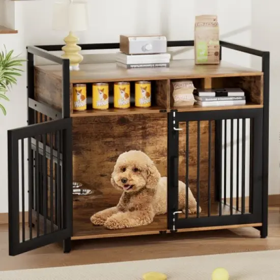 Dog Crate Furniture, Large Dog Cage for Large/Medium Dog, 48 Inch Dog Kennel with Adjustable Raised Feeders, Indoor Heavy Duty Metal Dog Crate image {7}