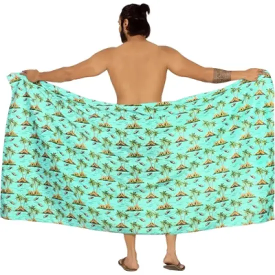 HAPPY BAY Men's Swimwear Cotton Linen Effect Summer Sarong Cover Up Swimsuit Wrap Sulu Pareo Beachwear for Men One Size Green, Tree image {3}