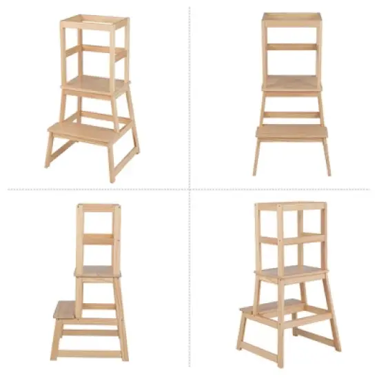 Costway Kids Kitchen Step Stool Kids Standing Tower with Safety Rails White\Nature image {9}