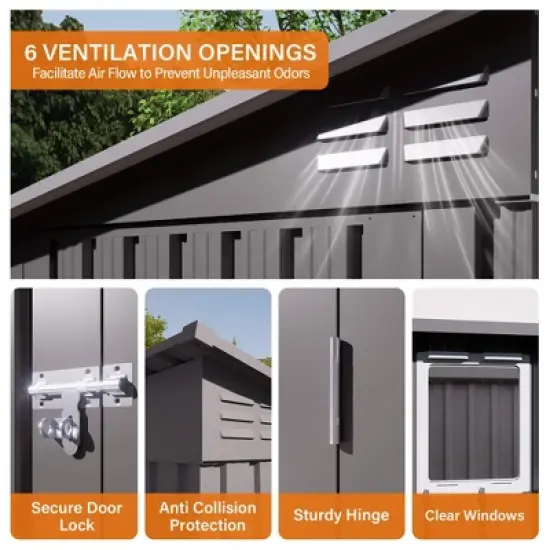ORRD 4x9FT Outdoor Metal Storage Shed Sloping Roof, 6 Vents & 2 Swing Doors For Backyard/Garden/Garage/Lawn (Gray) image {5}