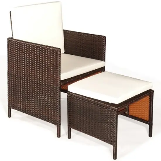 Costway 9PCS  Acacia Wood Patio Rattan Dining Set Cushioned Chairs Ottoman image {8}