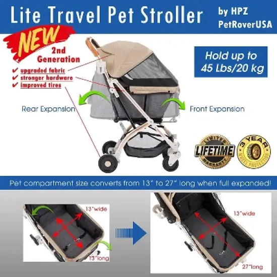 HPZ Pet Rover Lite Travel Stroller - Light-Weight Dog/Cat/Pet Stroller Travel Carriage with Convertible Compartment for Small & Medium Pets image {1}