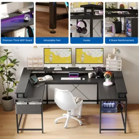 U Shaped Computer Gaming Desk, 79&rsquo;&rsquo; Reversible l Shaped Computer Desk with Power Outlet & LED Strip, Office Desk with Monitor Stand image {8}