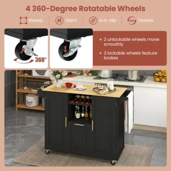 Costway Rolling Kitchen Island Utility Serving Cart with Drop Leaf Wine Rack Drawer image {6}
