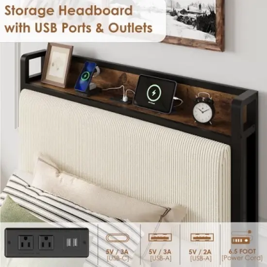 Bed Frame with 2 Storage Drawers and Charging Station, Rustic Velvet Upholstered Platform Bedframe with Storage Headboard, No Box Spring Needed image {4}
