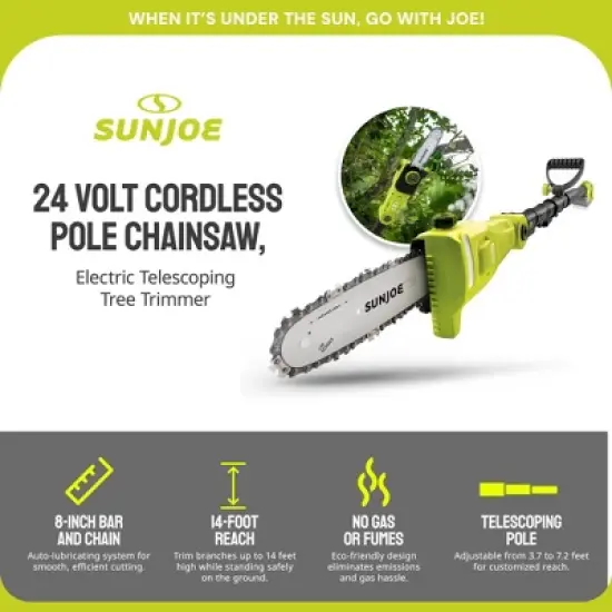 Sun Joe 24 Volt Cordless Pole Chainsaw, Electric Telescoping Tree Trimmer, Green, 4V-PS8-LTE image {1}