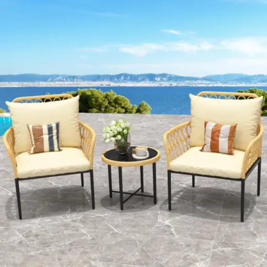 3-Piece Bistro Patio Set, All-Weather Wicker Conversation Set with Cushions & Coffee Table for Garden, Balcony, Deck, or Poolside &uml;C Beige image {3}