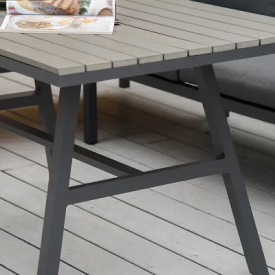 Outsunny 4 Piece Patio Furniture Set, Outdoor L-Shaped Sectional Sofa with 2 Couches, Bench, Dining Table, Cushions, Aluminum Conversation Set, Gray image {4}