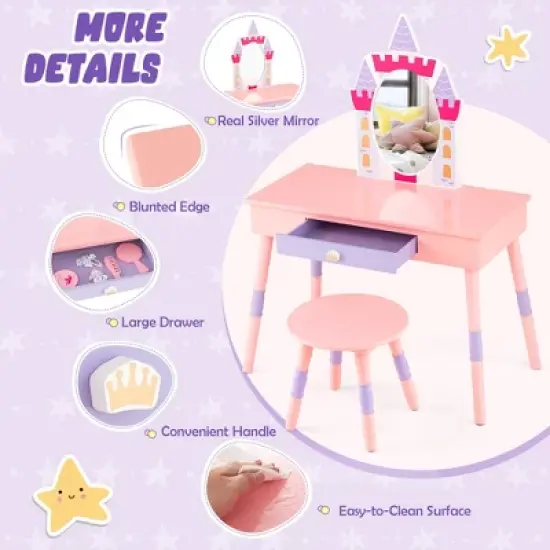 Costway Kids Vanity Set Princess Makeup Pretend Play Dressing Mirror Castle Girls Pink image {4}