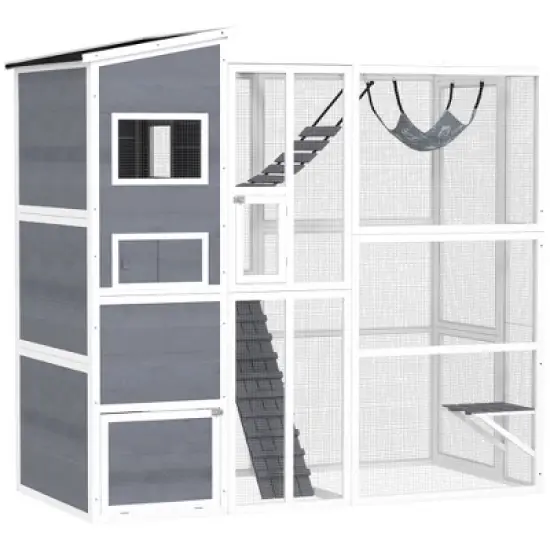 PawHut Catio Outdoor Cat Enclosure, 76" Large Wooden Cat House with 4 Tier Resting Rooms, 3 Platforms, 1 Soft Ladder, 2 Ramps, 1 Hammock, Gray image {3}