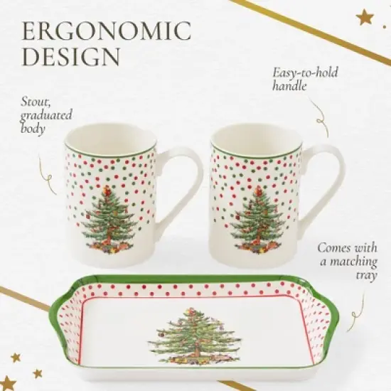 Spode Christmas Tree Polka Dot 10oz Mug & 8" Tray Set (3-Piece Set) - Festive Porcelain Mugs with Melamine Tray, Dishwasher & Microwave Safe image {4}