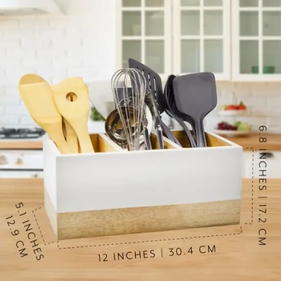 AuldHome Wood/Enamel Utensil Holder, Mango Wood 3-Compartment Farmhouse Cooking Caddy or Spoons/Forks/Knives Storage image {2}