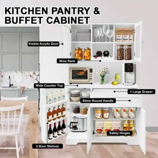 Kitchen Pantry Storage Cabinet, Modern Tall Buffet with Microwave Stand & Hutch,Freestanding Coffee Bar Cabinet with 14 Shelves and Drawer image {5}