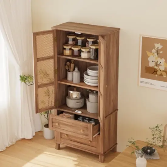 Kitchen Pantry Storage Cabinet with 2 Rattan Doors and 2 Adjustable Shelves image {2}