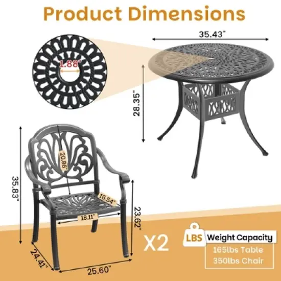 3-Piece Cast Aluminum Outdoor Dining Set with Brown Cushions, Round Table & Stackable Chairs - for Patio, Backyard image {3}