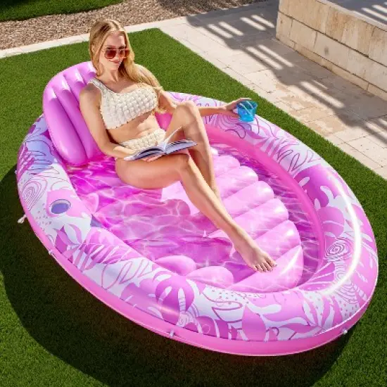 Sloosh Inflatable Tanning Pool Float Lounger with Pillow,  Oval Sunbathing Blow Up Bed Lounge, Leaves Suntan Tub Floatie Raft Adult image {7}
