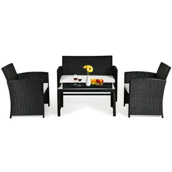 Costway 4PCS Patio Rattan Wicker Furniture Conversation Set Cushioned Sofa Table image {1}