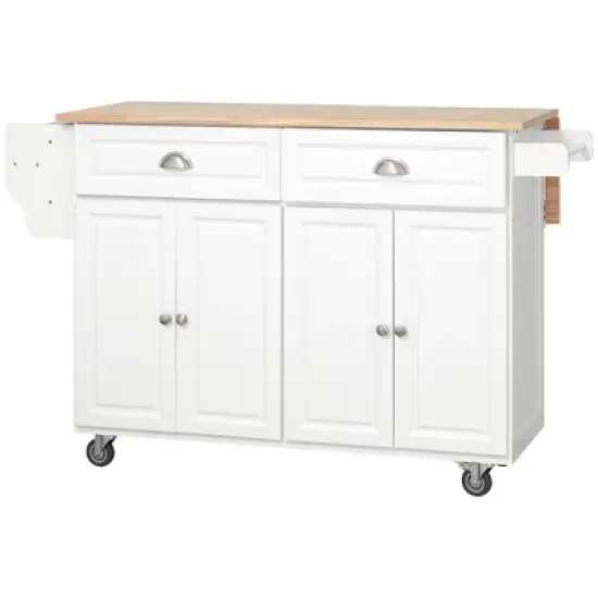 HOMCOM Rolling Kitchen Island on Wheels Utility Cart with Drop-Leaf and Rubber Wood Countertop, Storage Drawers, Door Cabinets, White image {3}