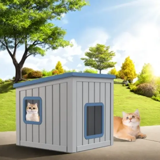 SEVOBAL Pet Crates and Houses Slanted Roof Pet House Two Entry Doors Rain Protection Simple Setup for Indoor Outdoor Use, Blue, 24.65"*21.5"*22.21" image {4}
