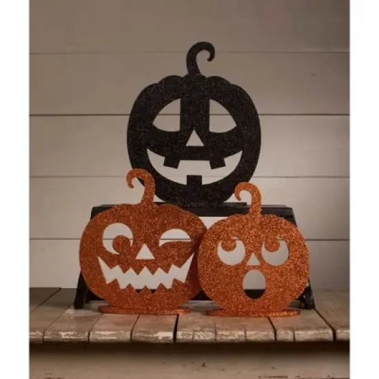 Bethany Lowe 15.0 Inch Jack-O-Lantern Glitter Dummy Boards Halloween Accessories Set , Lightweight Halloween Decor Boards Pumpkins (3PC) image {1}