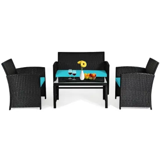 Tangkula 4 Piece Outdoor Patio Rattan Furniture Set Turquoise Cushioned Seat For Garden, Porch, Lawn image {5}