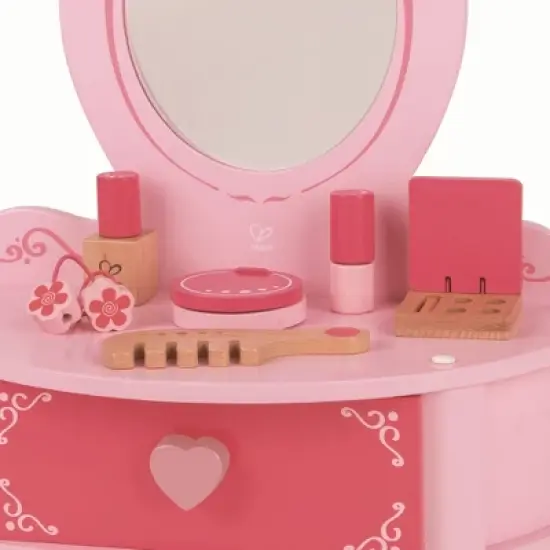 Hape Toys Petite Pink Vanity Toy Wooden Beauty Desk with Drawer, Mirror, and Pretend Makeup Kit, Hairbrush, Lipstick Roll, Compact, Perfume, and Puffs image {1}
