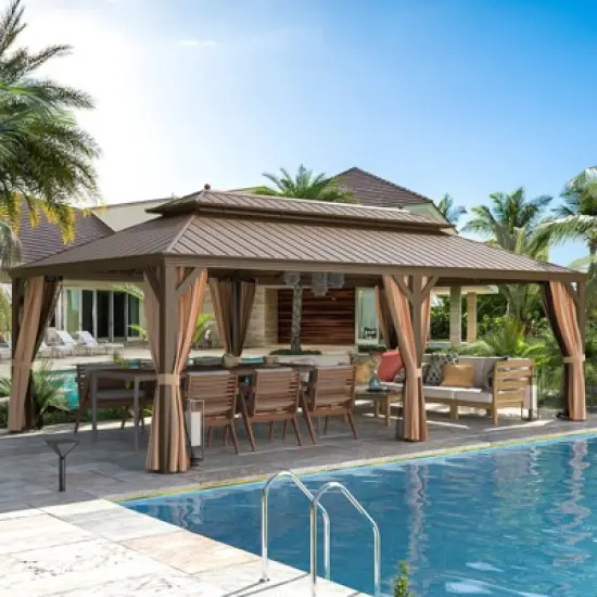 Erommy 14' X 24' Hardtop Gazebo, Galvanized Steel Metal Double Roof Aluminum Gazebos with Curtain and Netting image {4}