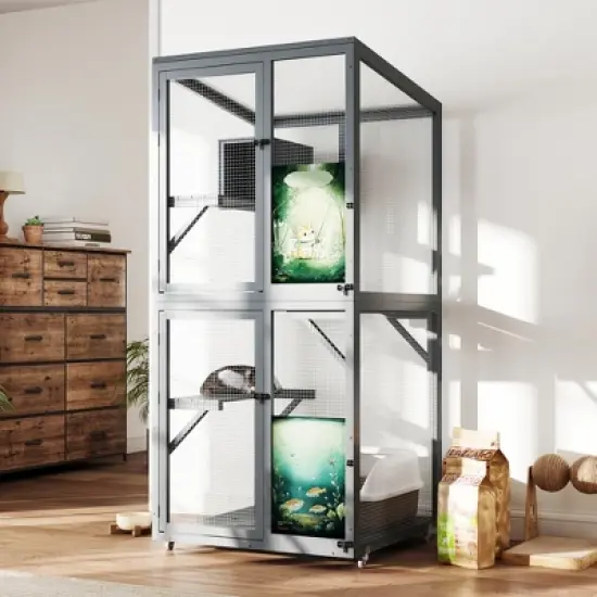 SEVOBAL Pet Crates and Houses Cat Window Catio Wood Enclosure Wheels Lockable Doors for Outdoor and Indoor, Gray, 31.5"*31.5"*70.28" image {5}