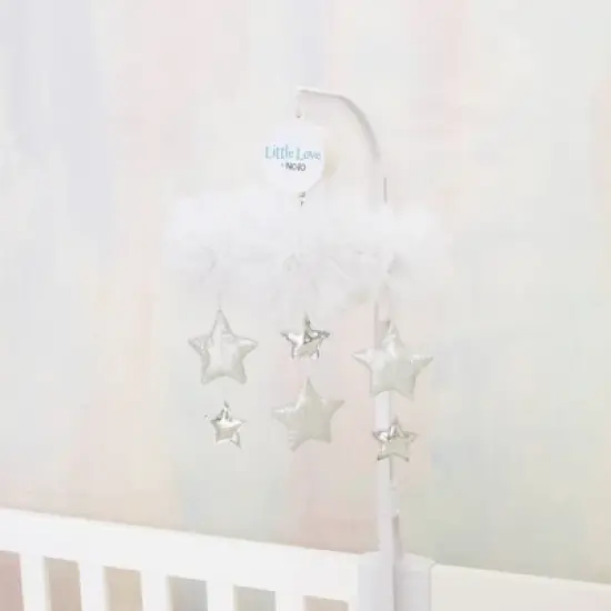 Little Love By NoJo Tulle Cloud with Silver Metallic Stars Nursery Crib Musical Mobile - White image {2}