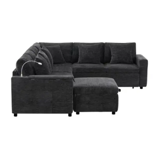 Whisen Chenille Sectional Pull-Out Sofa Bed with Flip-Up Table, Adjustable Reading Lamp, Charging Ports, Movable Storage Ottoman image {11}