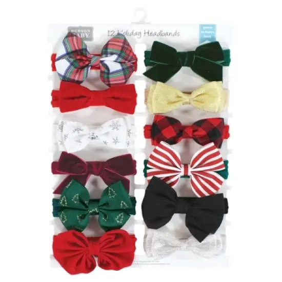 Hudson Baby Infant Girl Cotton and Synthetic Headbands, 12 Days Of Christmas Plaid, 0-24 Months image {1}
