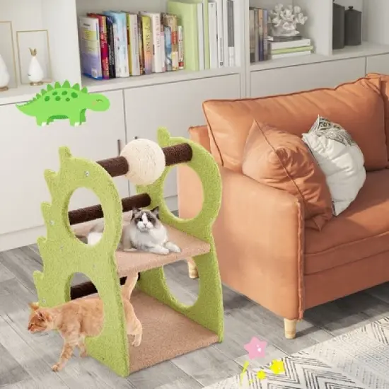 Tangkula 2-Tier Dinosaur Cat Tree Tower w/ Rotating Scratching Sisal Ball Climbing Rods image {1}