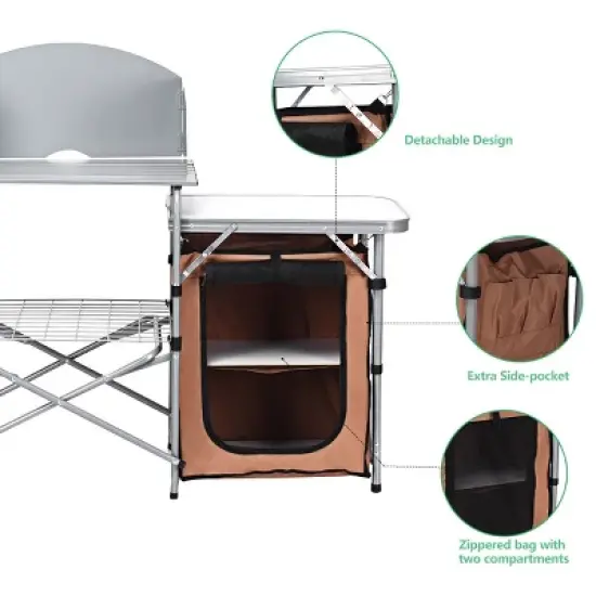 Costway Foldable Camping Table Outdoor BBQ Portable Grilling Stand w/Windscreen Bag image {2}