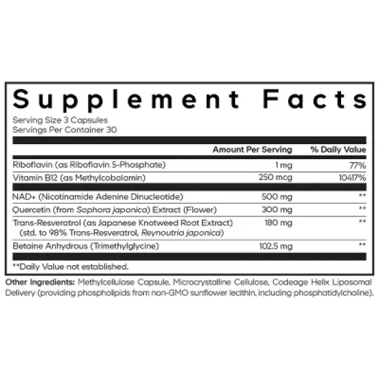Codeage Liposomal NAD+ Ultra, Trans-Resveratrol, Quercetin, Betaine, Riboflavin, Vitamin B12, 90 ct image {2}
